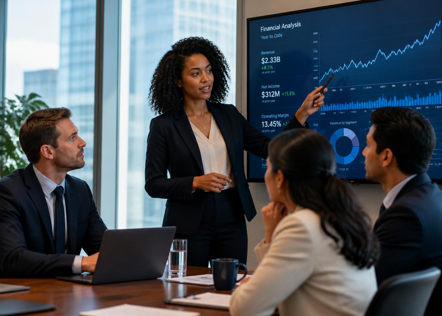 A diverse team of professionals reviewing financial performance in a modern boardroom